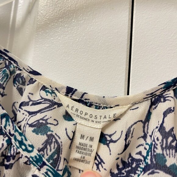 Aeropostale Floral Boho Tie Blouse Cream Navy - M - Picture 5 of 13